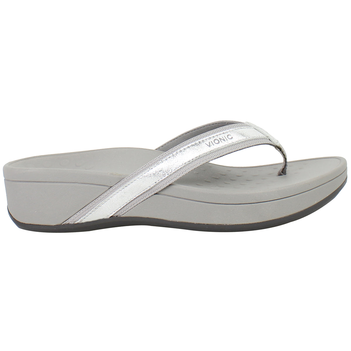 Vionic High Tide Metallic Womens Silver Flip-Flops