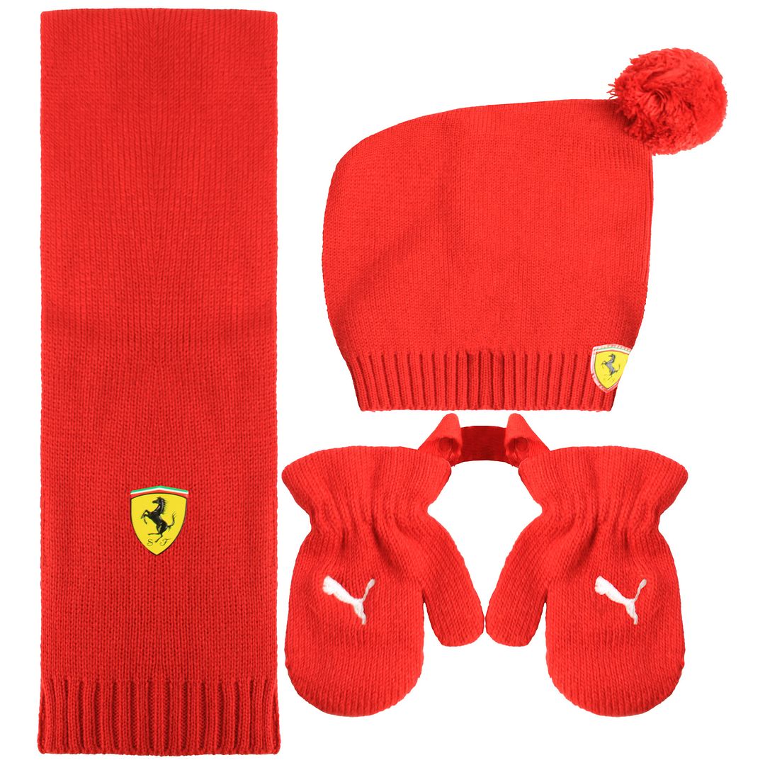 Puma SF Ferrari Mini Cats Rosso Corsa Mittens Scarf Hat Kids Set