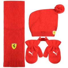 Puma SF Ferrari Mini Cats Rosso Corsa Mittens Scarf Hat Kids Set