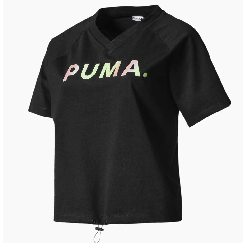 Puma V Neck Womens Tee Graphic Branded T-Shirt Black 595221 01