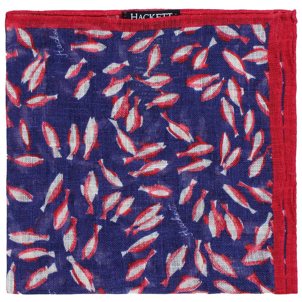 Hackett London Linen Printed Koi Fish Mens Navy/Red Hank Handkerchiefs