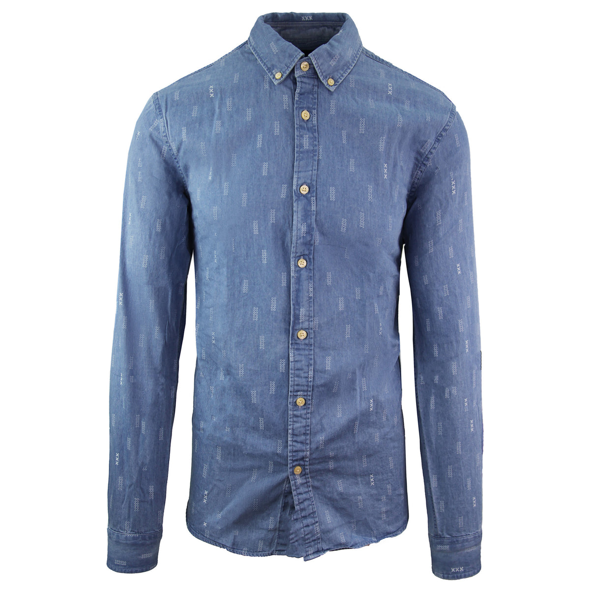 Scotch & Soda Regular Fit Printed Denim Long Sleeve Blue Mens Shirt