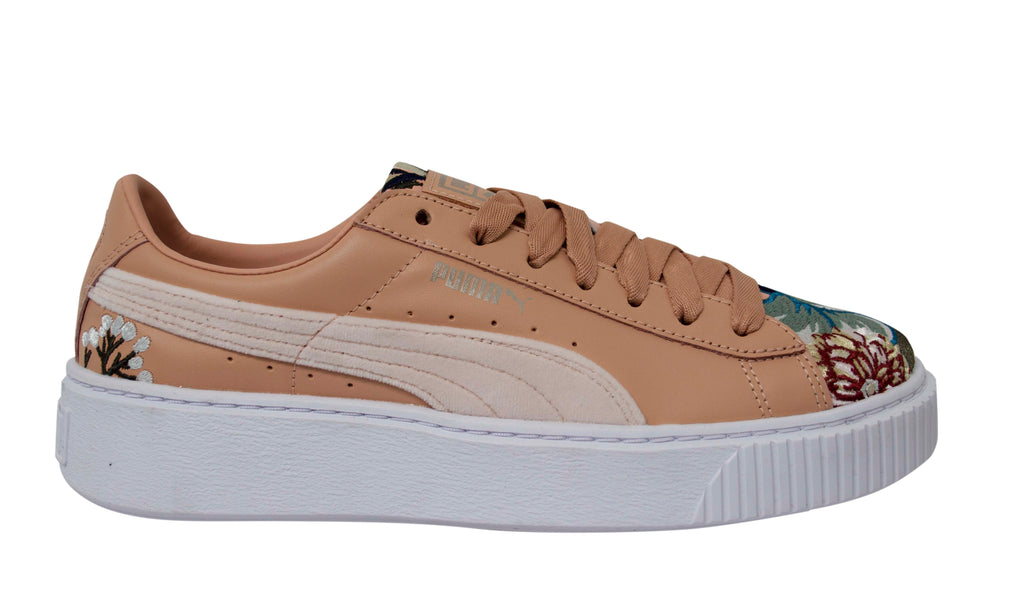 Puma Platform Hyper Emb Peach Leather Lace Up Womens Trainers 366123 02