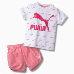 Puma Short Sleeve Stretch Waist Bottoms Pink White Kids Set