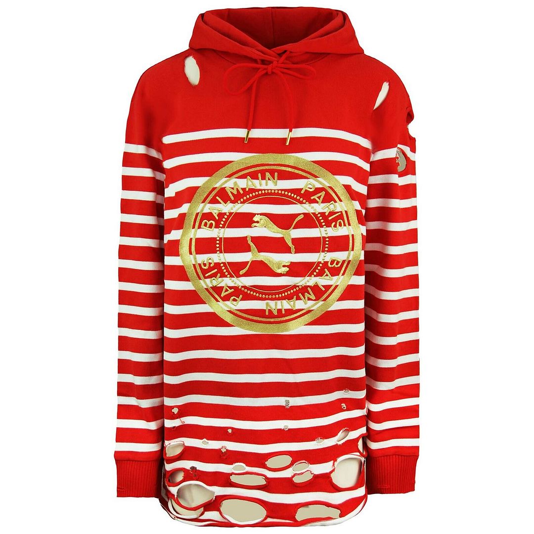 Puma x Balmain Womens Red White Distressed Hoodie